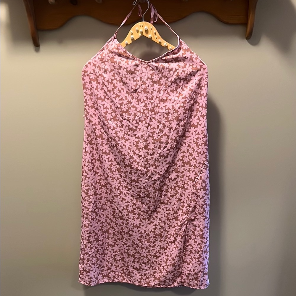 Floral Pink Halter Dress with Slit